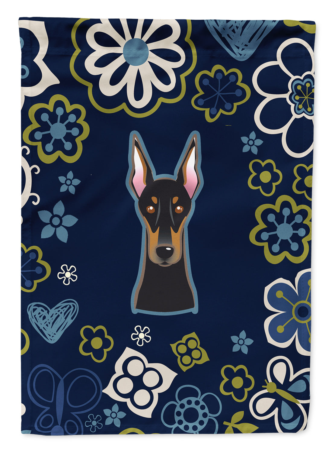 Blue Flowers Doberman Pinscher Flag Garden Size  the-store.com.