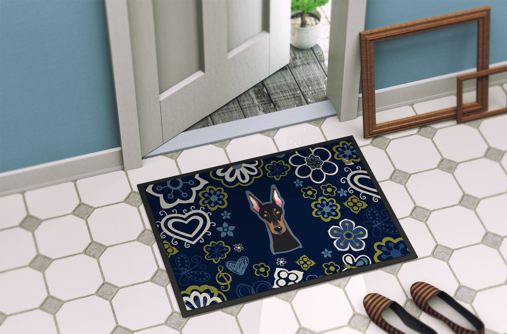 Blue Flowers Doberman Pinscher Indoor or Outdoor Mat 24x36 BB5096JMAT by Caroline's Treasures