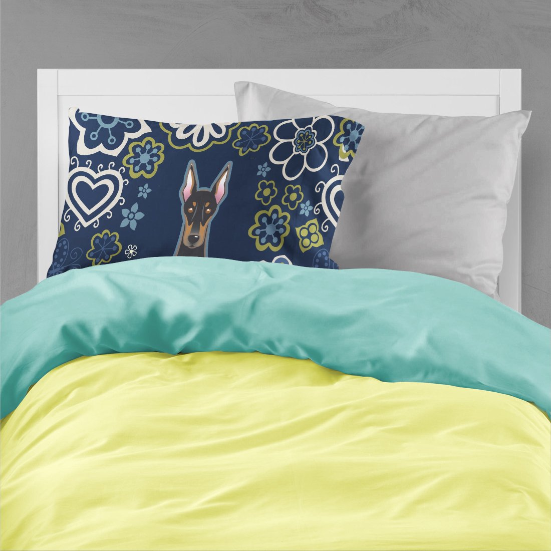 Blue Flowers Doberman Pinscher Fabric Standard Pillowcase BB5096PILLOWCASE by Caroline's Treasures