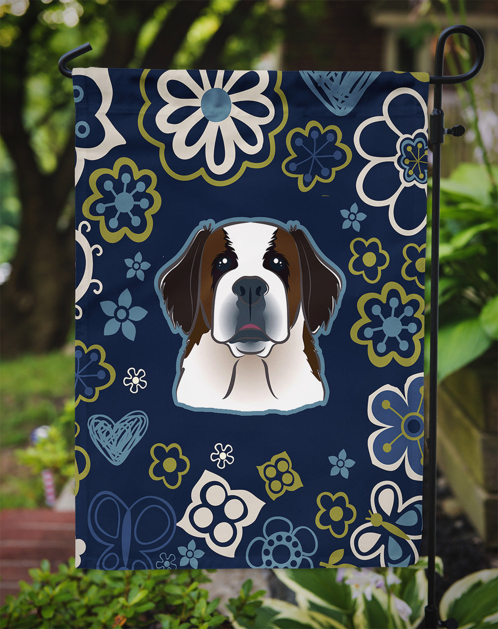 Blue Flowers Saint Bernard Flag Garden Size BB5097GF  the-store.com.