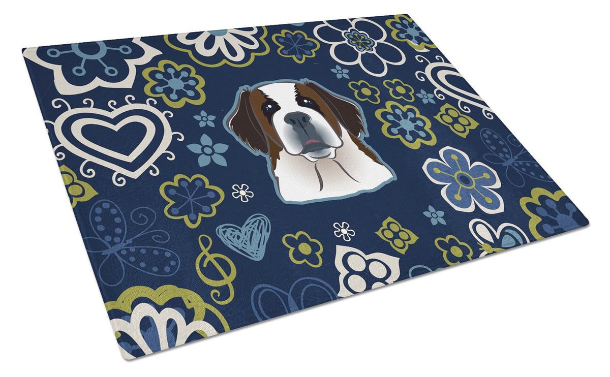 Blue Flowers Saint Bernard Glass Cutting Board Large BB5097LCB by Caroline&#39;s Treasures