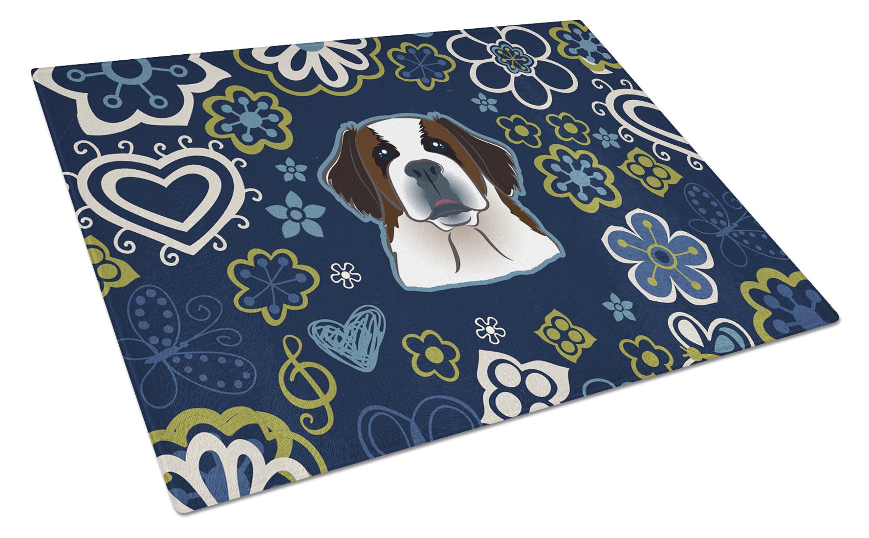 Blue Flowers Saint Bernard Glass Cutting Board Large BB5097LCB by Caroline's Treasures