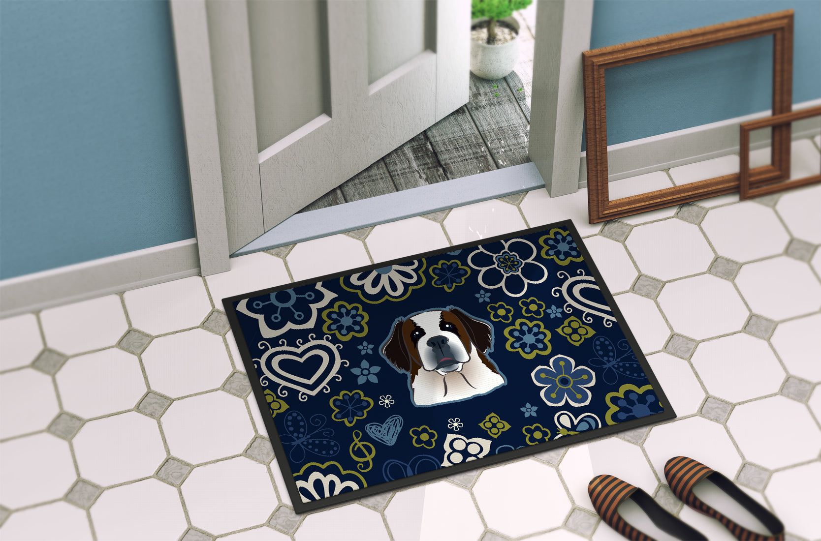 Blue Flowers Saint Bernard Indoor or Outdoor Mat 18x27 BB5097MAT - the-store.com