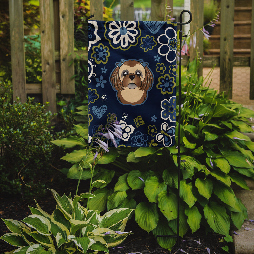 Blue Flowers Chocolate Brown Shih Tzu Flag Garden Size BB5100GF  the-store.com.