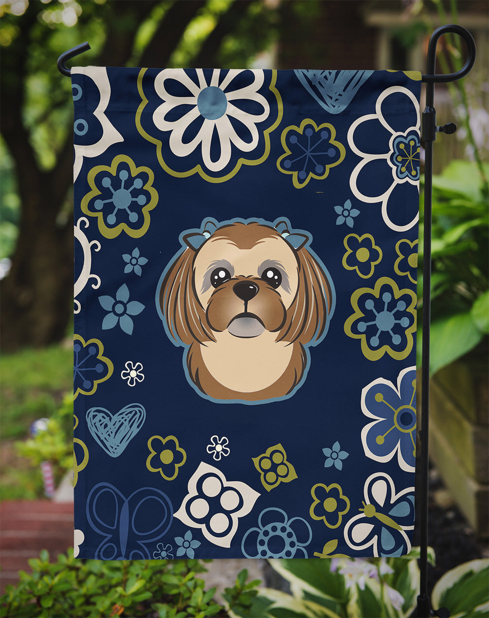 Blue Flowers Chocolate Brown Shih Tzu Flag Garden Size BB5100GF  the-store.com.