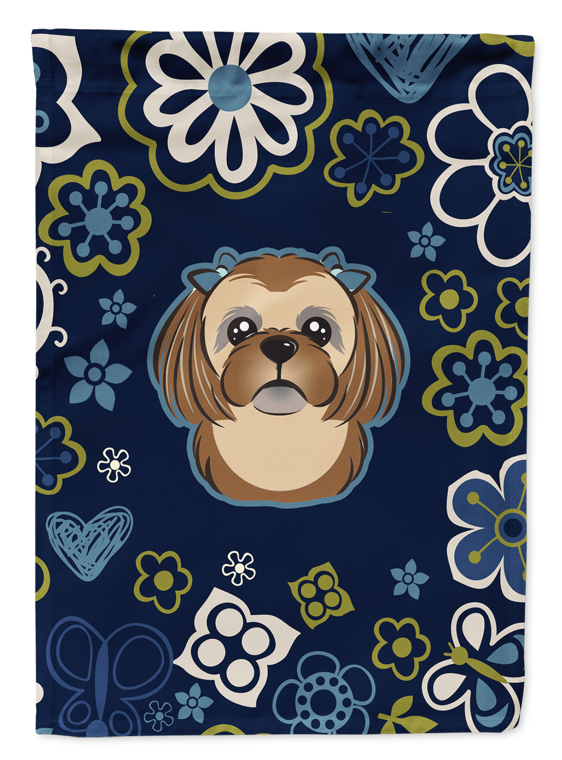 Blue Flowers Chocolate Brown Shih Tzu Flag Garden Size BB5100GF  the-store.com.