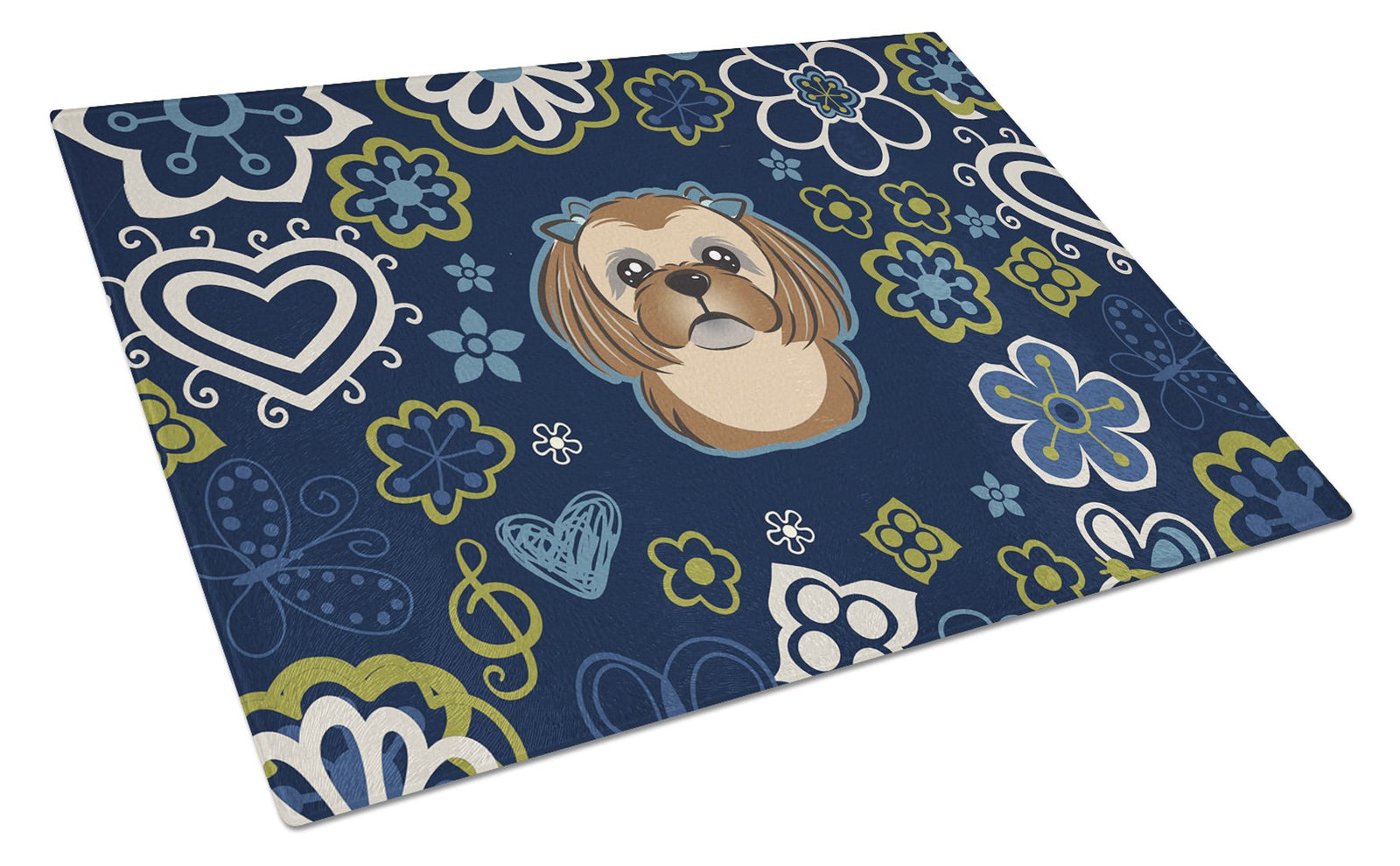 Blue Flowers Chocolate Brown Shih Tzu Glass Cutting Board Large BB5100LCB by Caroline's Treasures