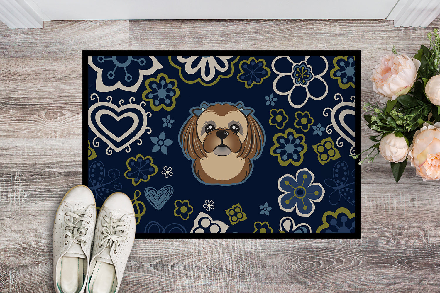 Blue Flowers Chocolate Brown Shih Tzu Indoor or Outdoor Mat 18x27 BB5100MAT - the-store.com