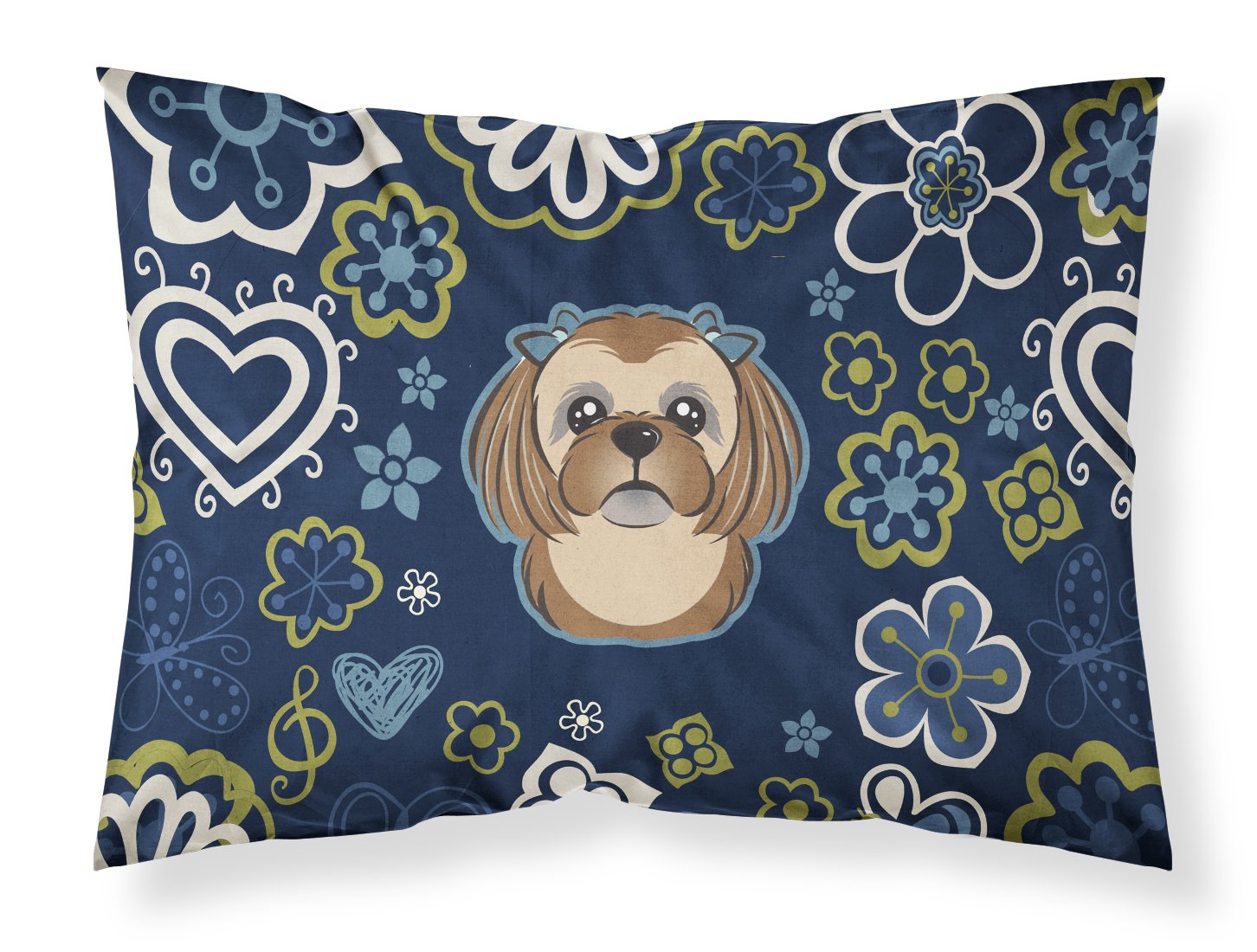 Blue Flowers Chocolate Brown Shih Tzu Fabric Standard Pillowcase BB5100PILLOWCASE by Caroline's Treasures