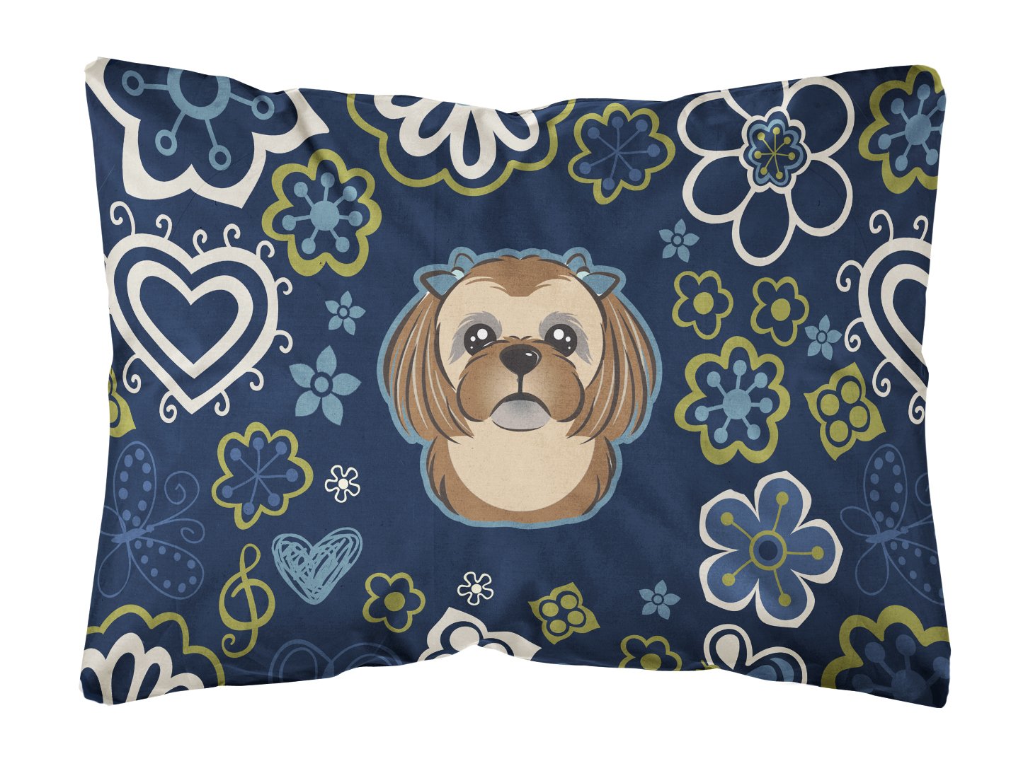 Blue Flowers Chocolate Brown Shih Tzu Canvas Fabric Decorative Pillow BB5100PW1216 by Caroline's Treasures