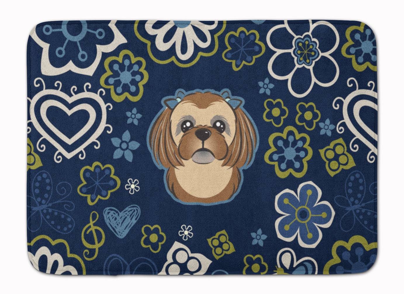 Blue Flowers Chocolate Brown Shih Tzu Machine Washable Memory Foam Mat BB5100RUG - the-store.com