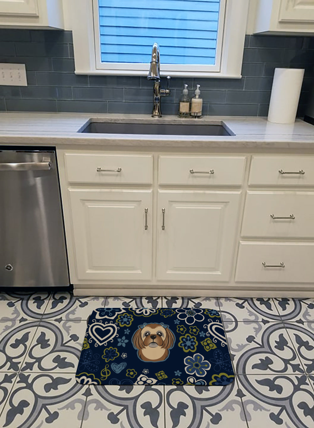 Blue Flowers Chocolate Brown Shih Tzu Machine Washable Memory Foam Mat BB5100RUG - the-store.com