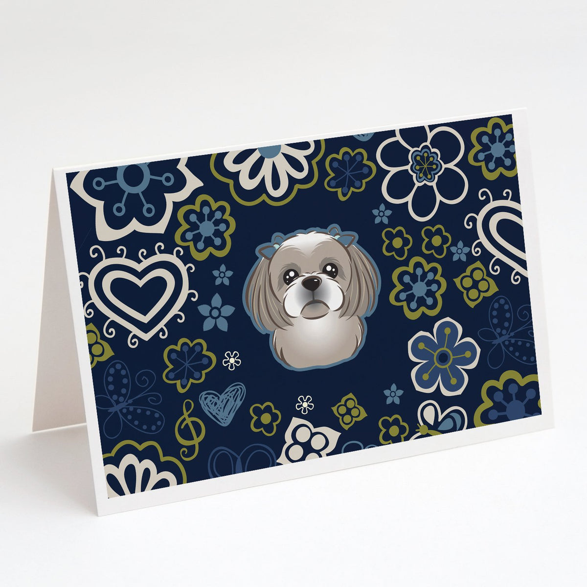 Buy this Blue Flowers Gray Silver Shih Tzu Greeting Cards and Envelopes Pack of 8