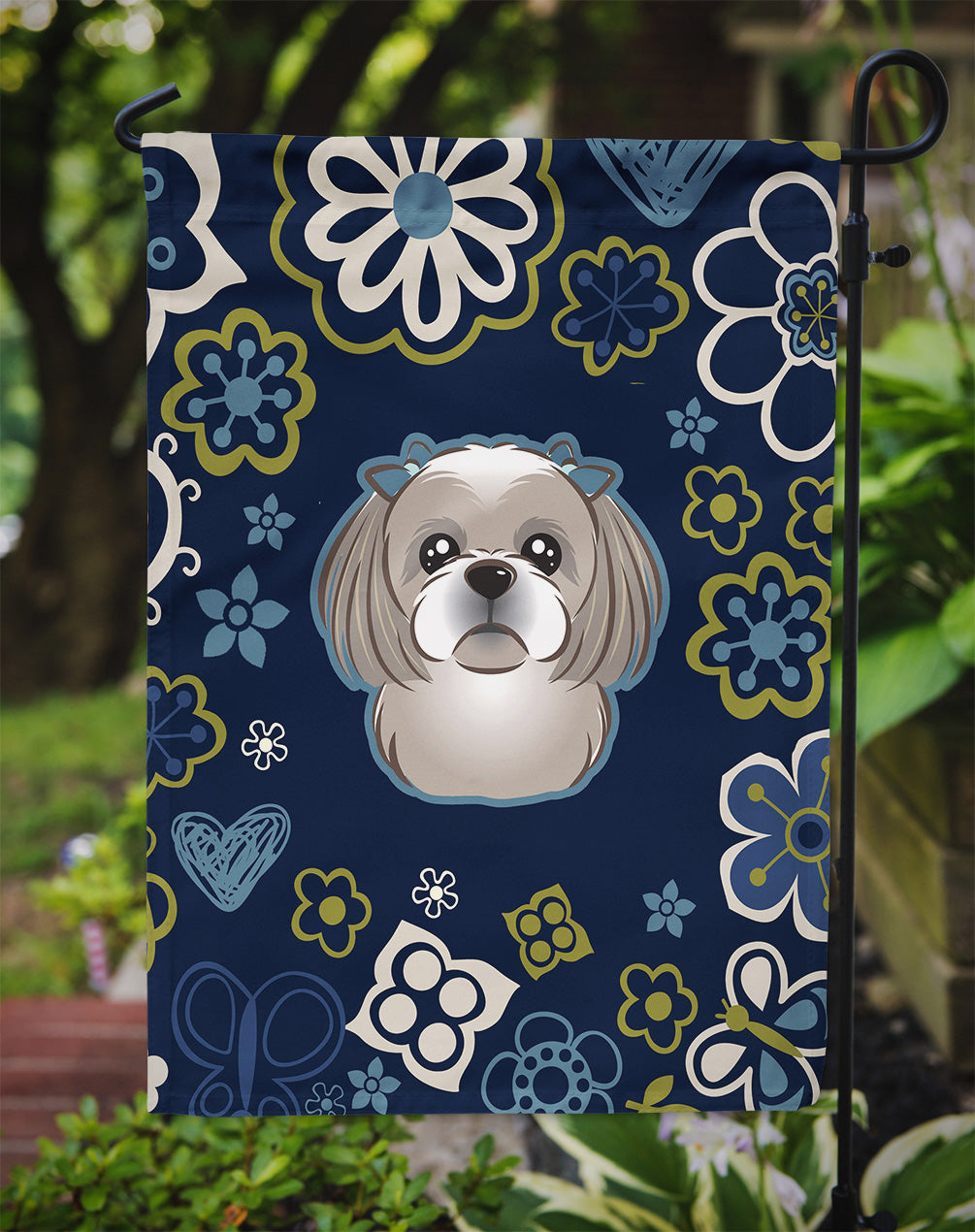 Blue Flowers Gray Silver Shih Tzu Flag Garden Size  the-store.com.