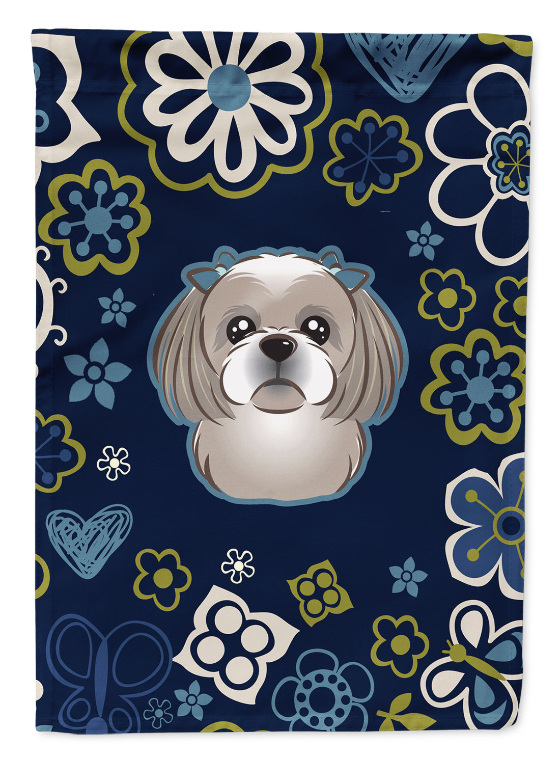 Blue Flowers Gray Silver Shih Tzu Flag Garden Size  the-store.com.