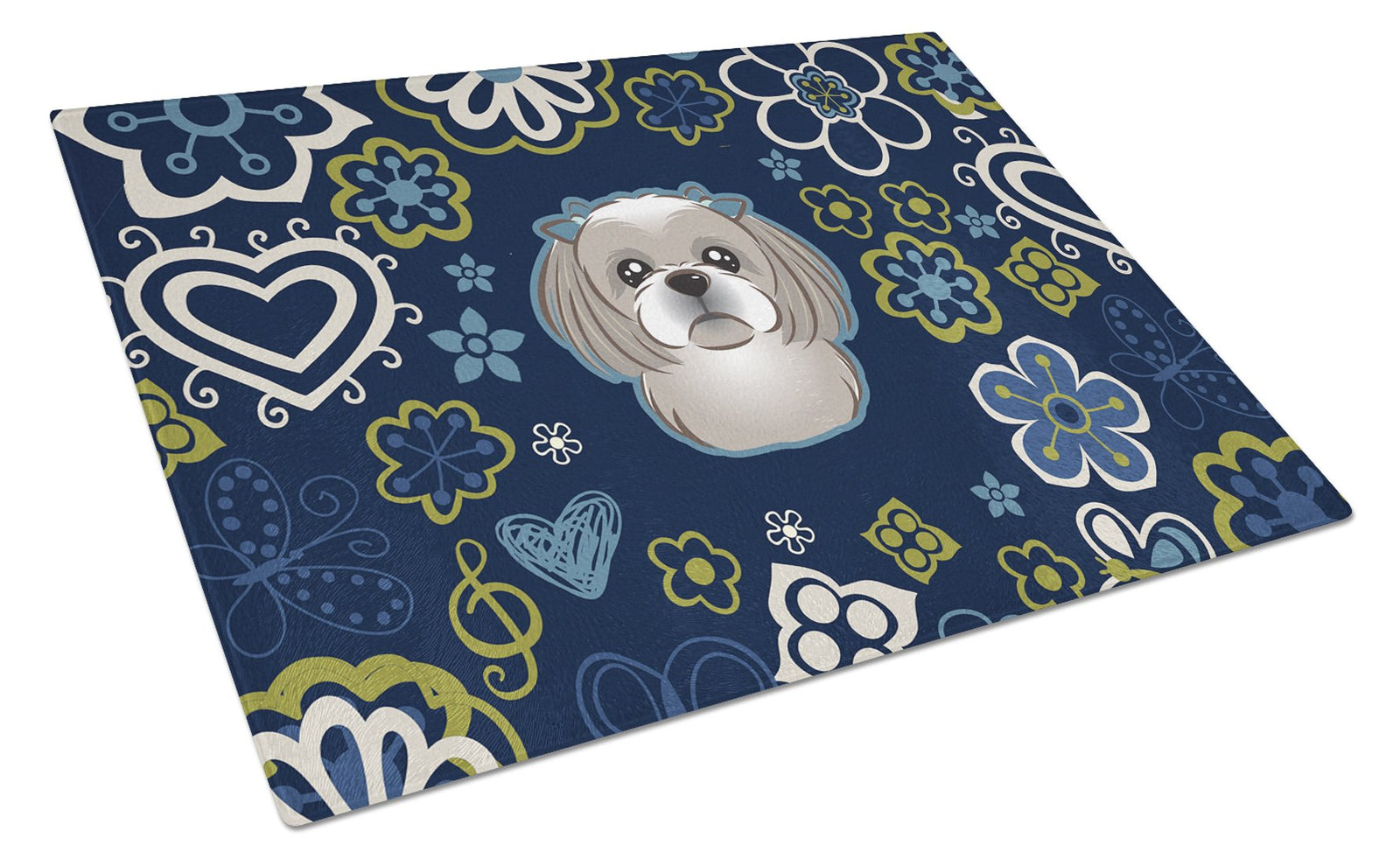 Blue Flowers Gray Silver Shih Tzu Glass Cutting Board Large BB5101LCB by Caroline's Treasures