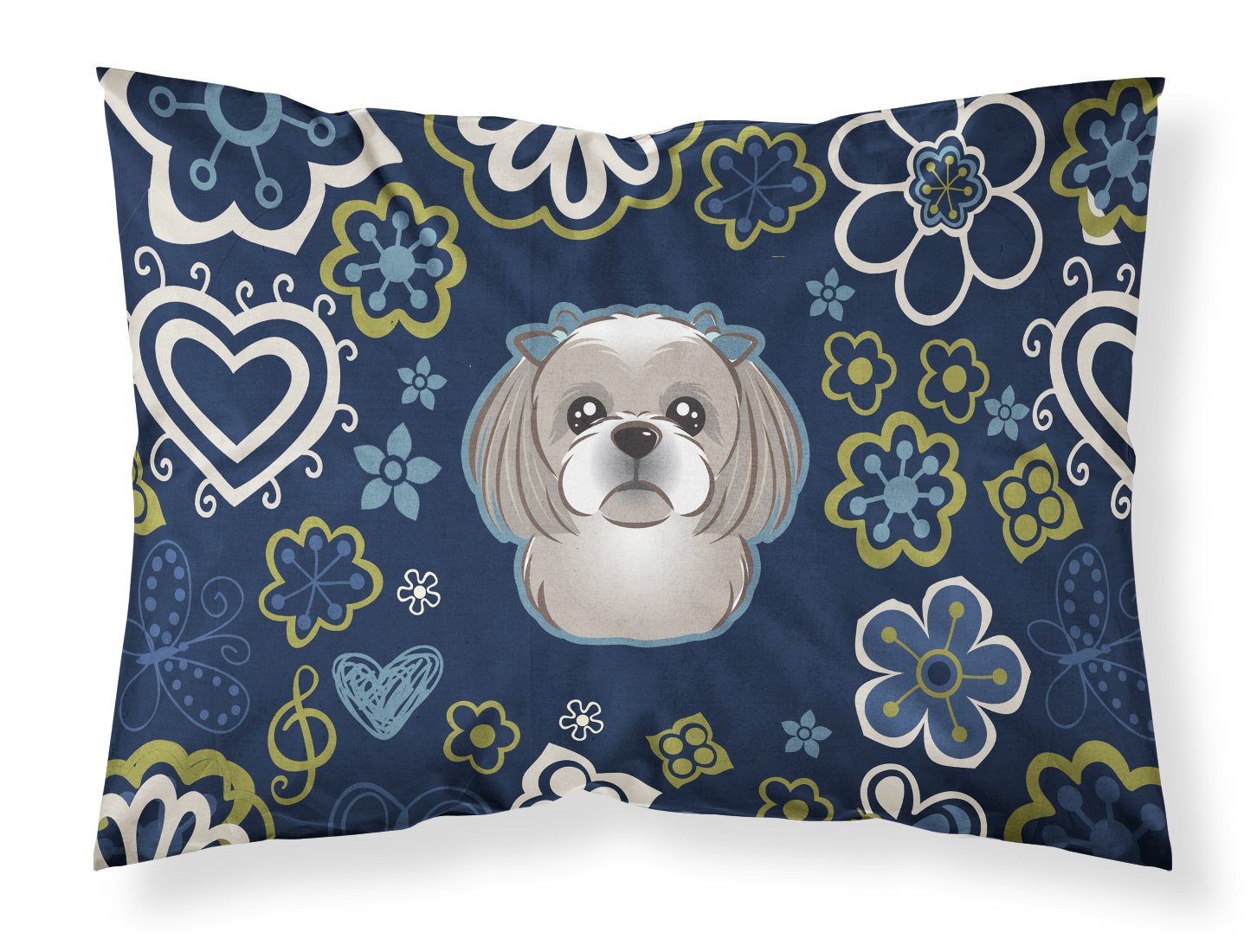 Blue Flowers Gray Silver Shih Tzu Fabric Standard Pillowcase BB5101PILLOWCASE by Caroline's Treasures