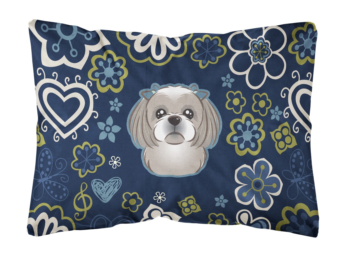 Blue Flowers Gray Silver Shih Tzu Canvas Fabric Decorative Pillow BB5101PW1216 by Caroline's Treasures