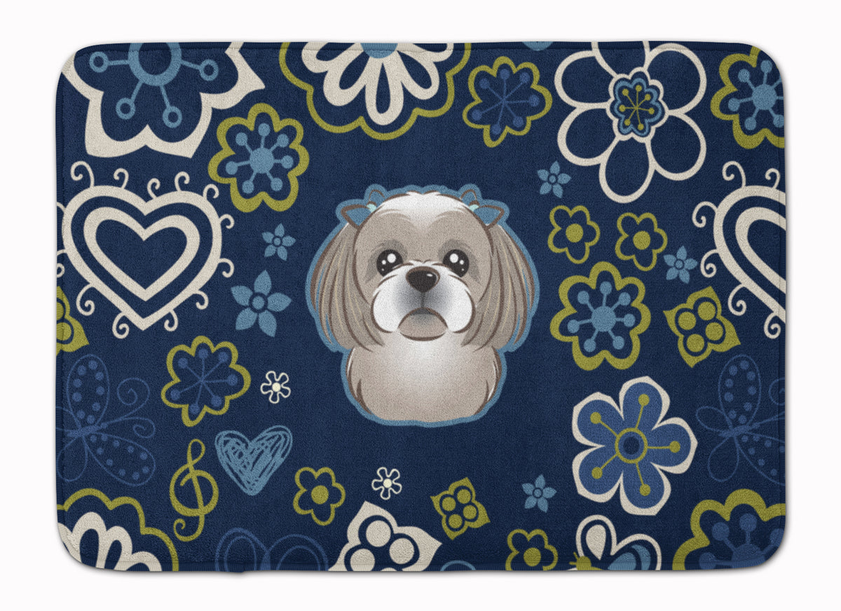 Blue Flowers Gray Silver Shih Tzu Machine Washable Memory Foam Mat BB5101RUG - the-store.com