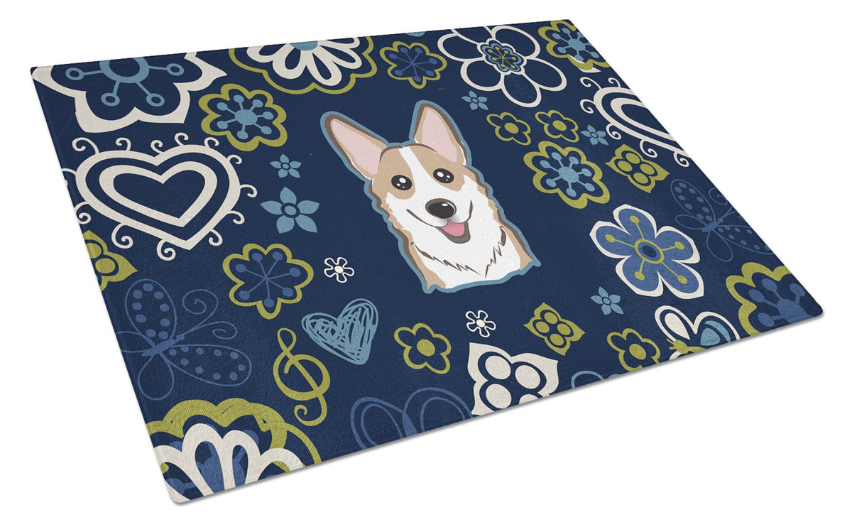 Blue Flowers Sable Corgi Glass Cutting Board Large BB5104LCB by Caroline&#39;s Treasures