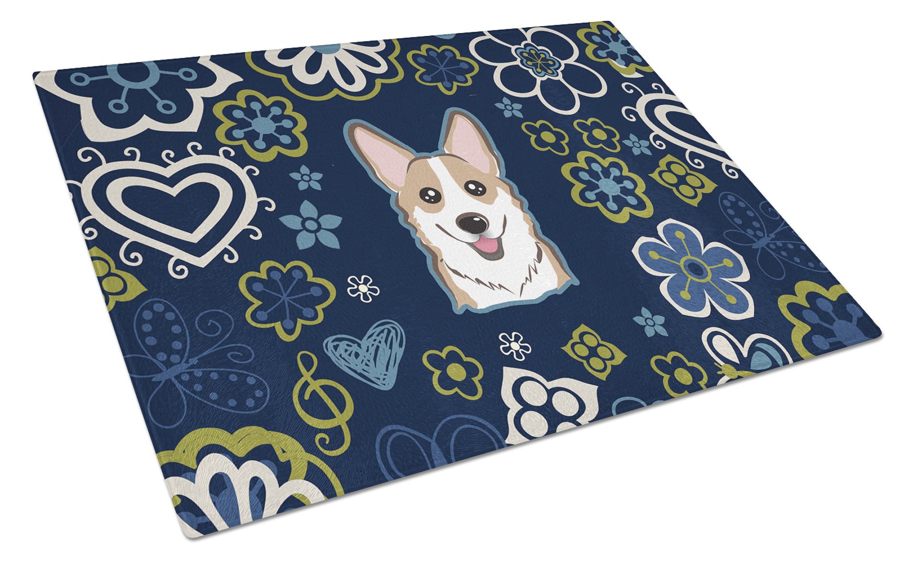 Blue Flowers Sable Corgi Glass Cutting Board Large BB5104LCB by Caroline's Treasures