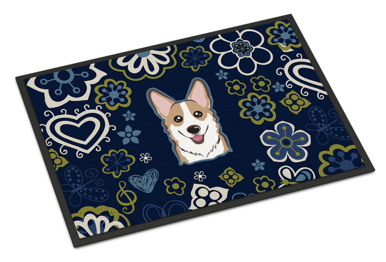 Blue Flowers Sable Corgi Indoor or Outdoor Mat 18x27 BB5104MAT - the-store.com