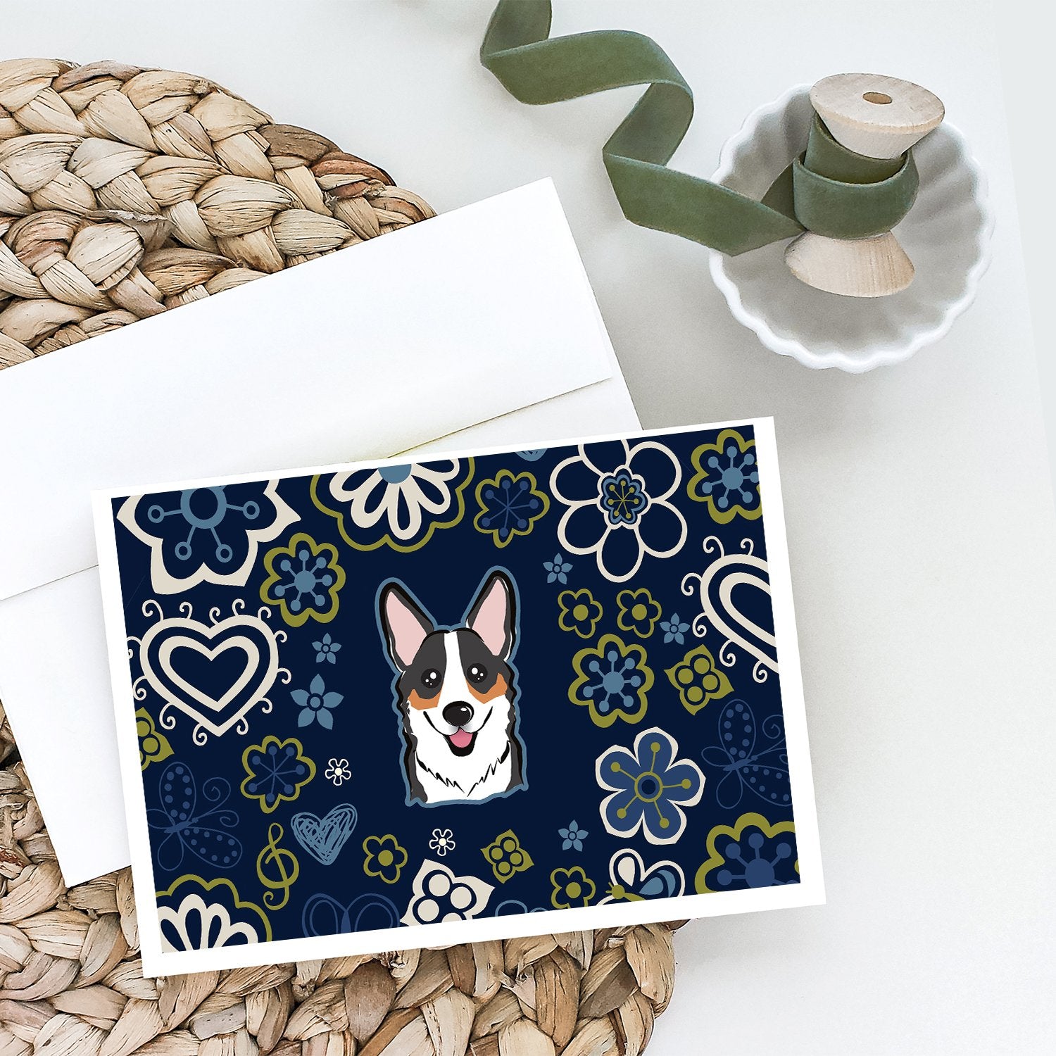 Buy this Blue Flowers Tricolor Corgi Greeting Cards and Envelopes Pack of 8