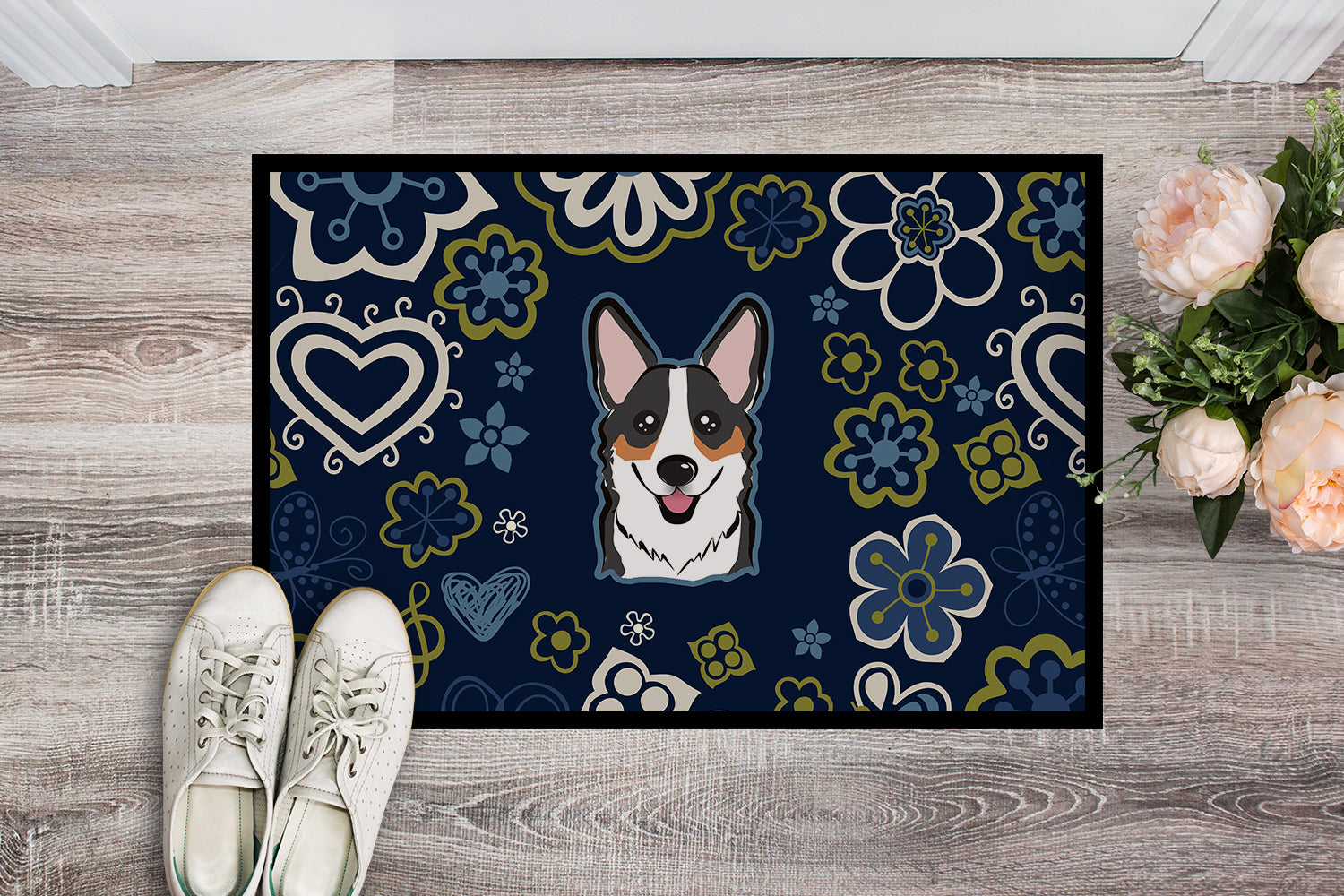 Blue Flowers Tricolor Corgi Indoor or Outdoor Mat 18x27 BB5106MAT - the-store.com