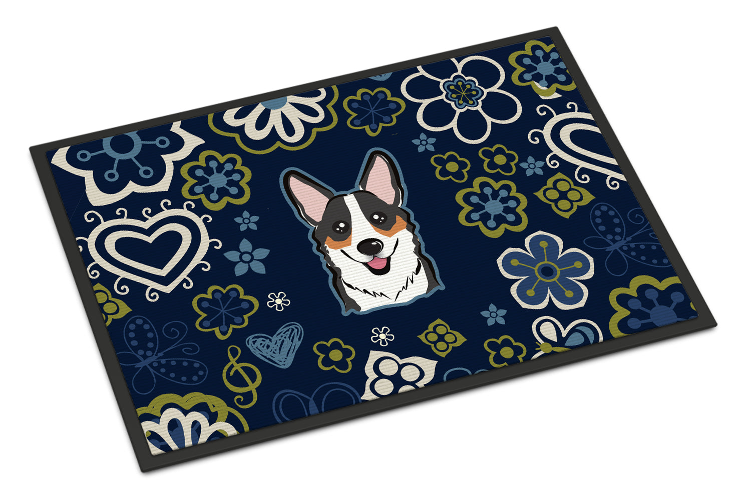 Blue Flowers Tricolor Corgi Indoor or Outdoor Mat 18x27 BB5106MAT - the-store.com