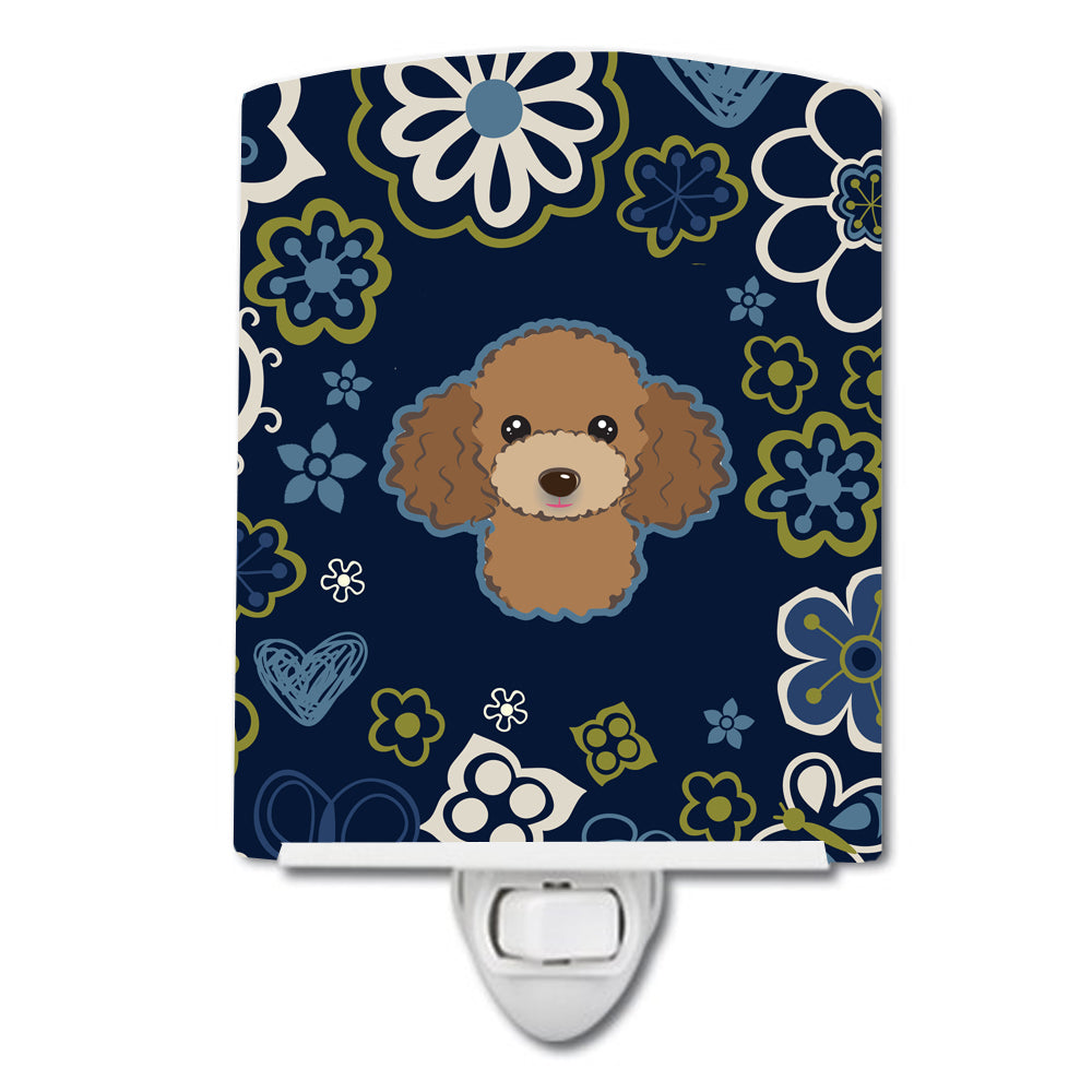 Blue Flowers Chocolate Brown Poodle Ceramic Night Light BB5107CNL - the-store.com