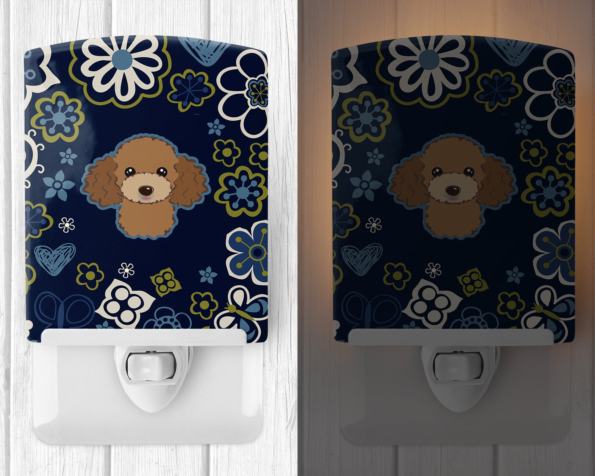 Blue Flowers Chocolate Brown Poodle Ceramic Night Light BB5107CNL - the-store.com