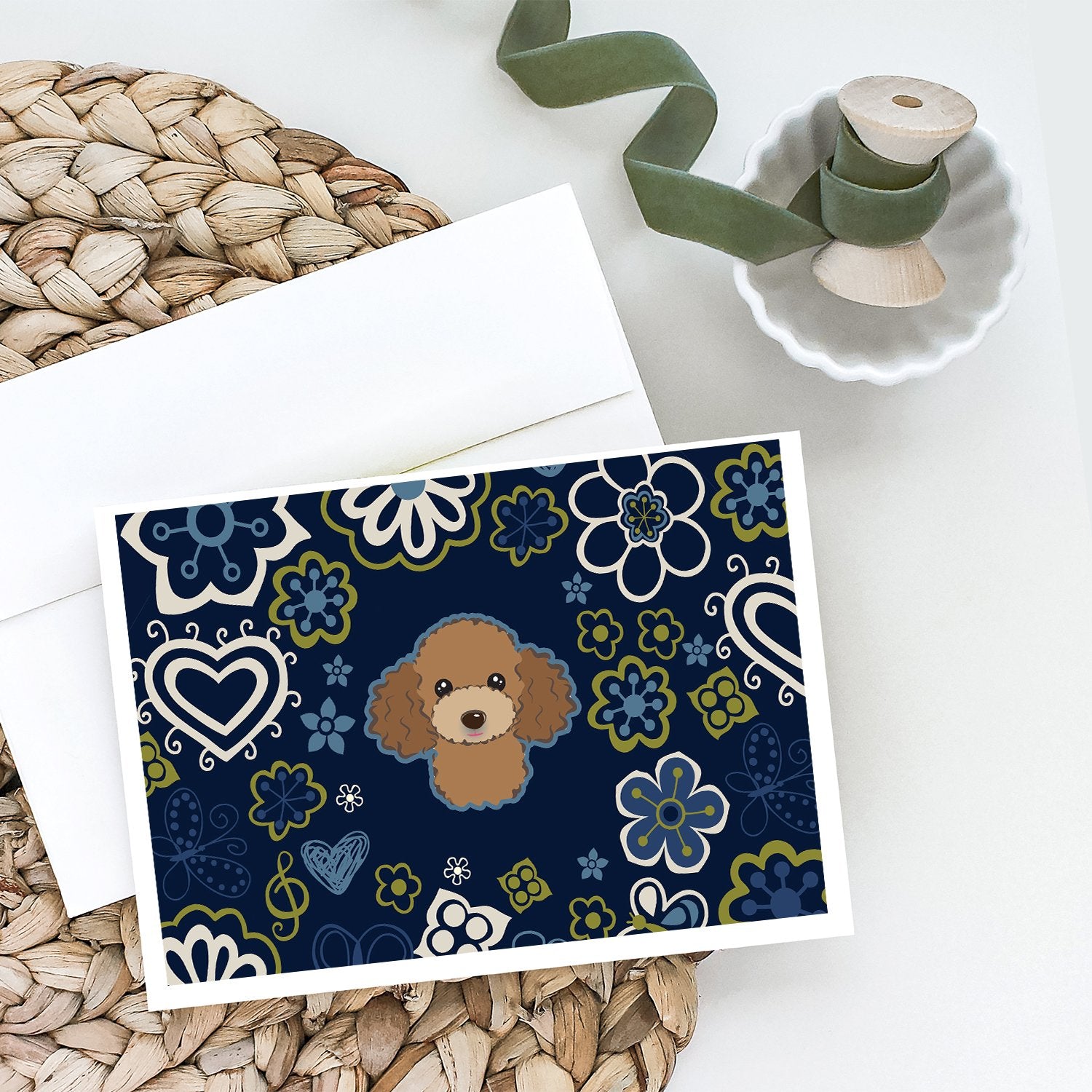 Blue Flowers Chocolate Brown Poodle Greeting Cards and Envelopes Pack of 8 - the-store.com