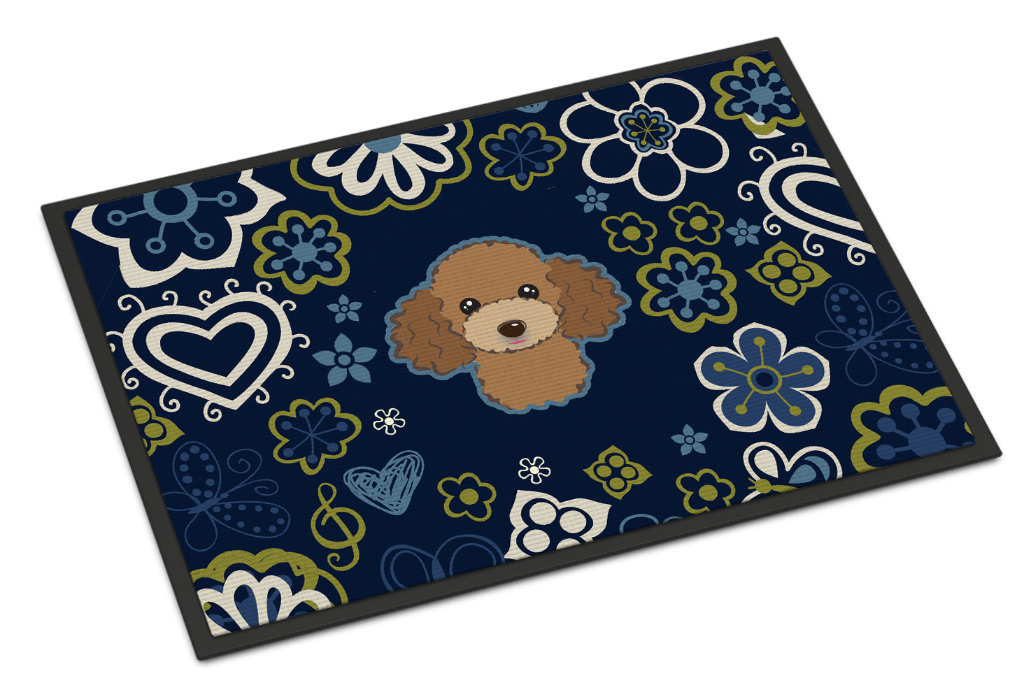 Blue Flowers Chocolate Brown Poodle Indoor or Outdoor Mat 18x27 BB5107MAT - the-store.com