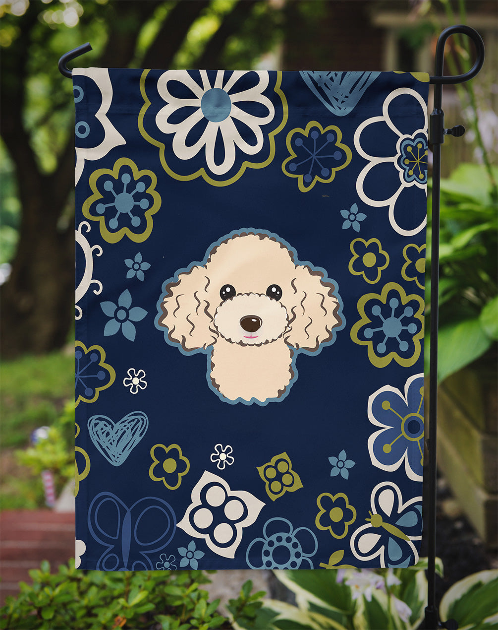 Blue Flowers Buff Poodle Flag Garden Size  the-store.com.