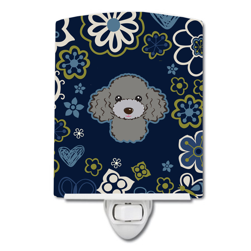 Blue Flowers Silver Gray Poodle Ceramic Night Light BB5110CNL - the-store.com