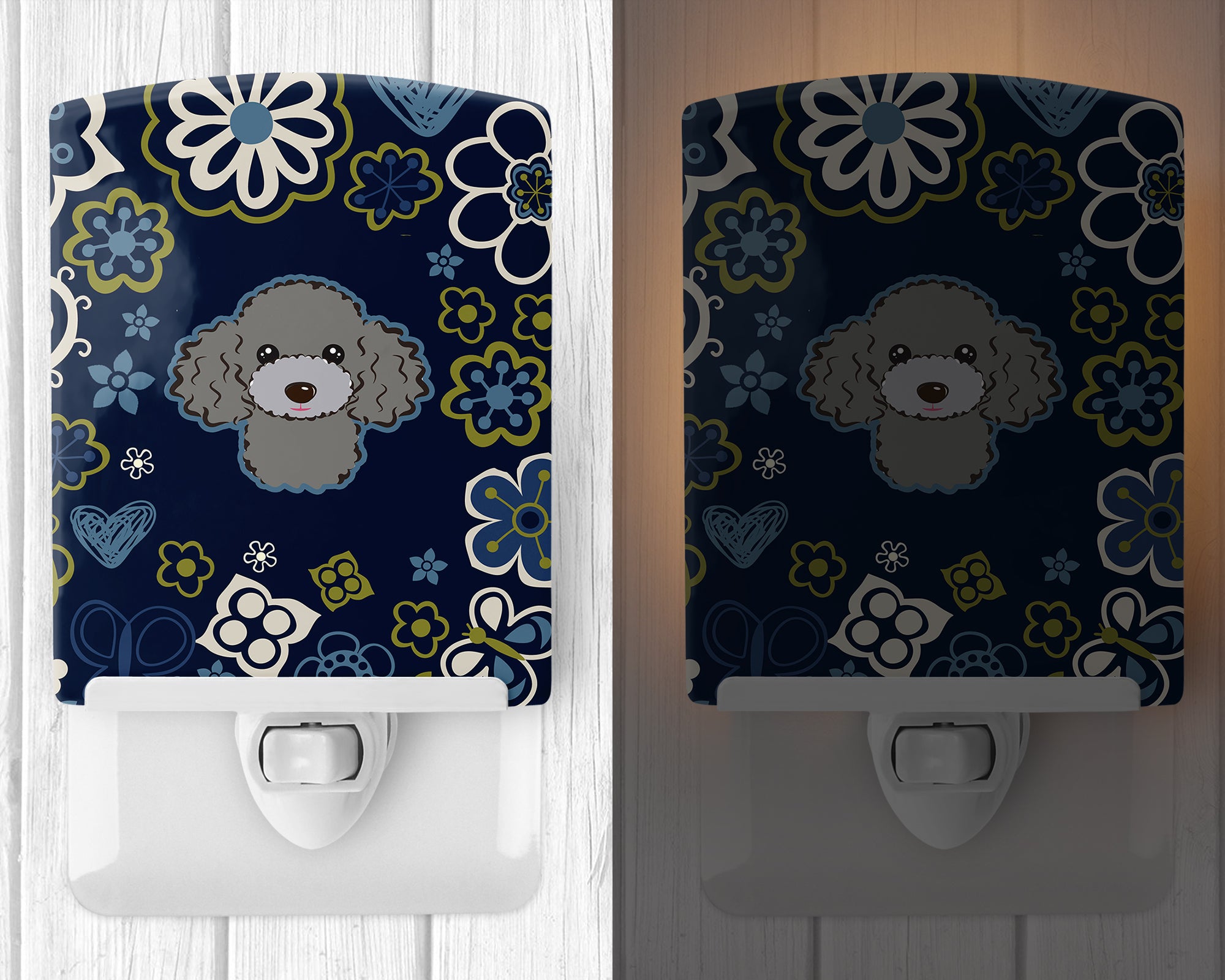 Blue Flowers Silver Gray Poodle Ceramic Night Light BB5110CNL - the-store.com