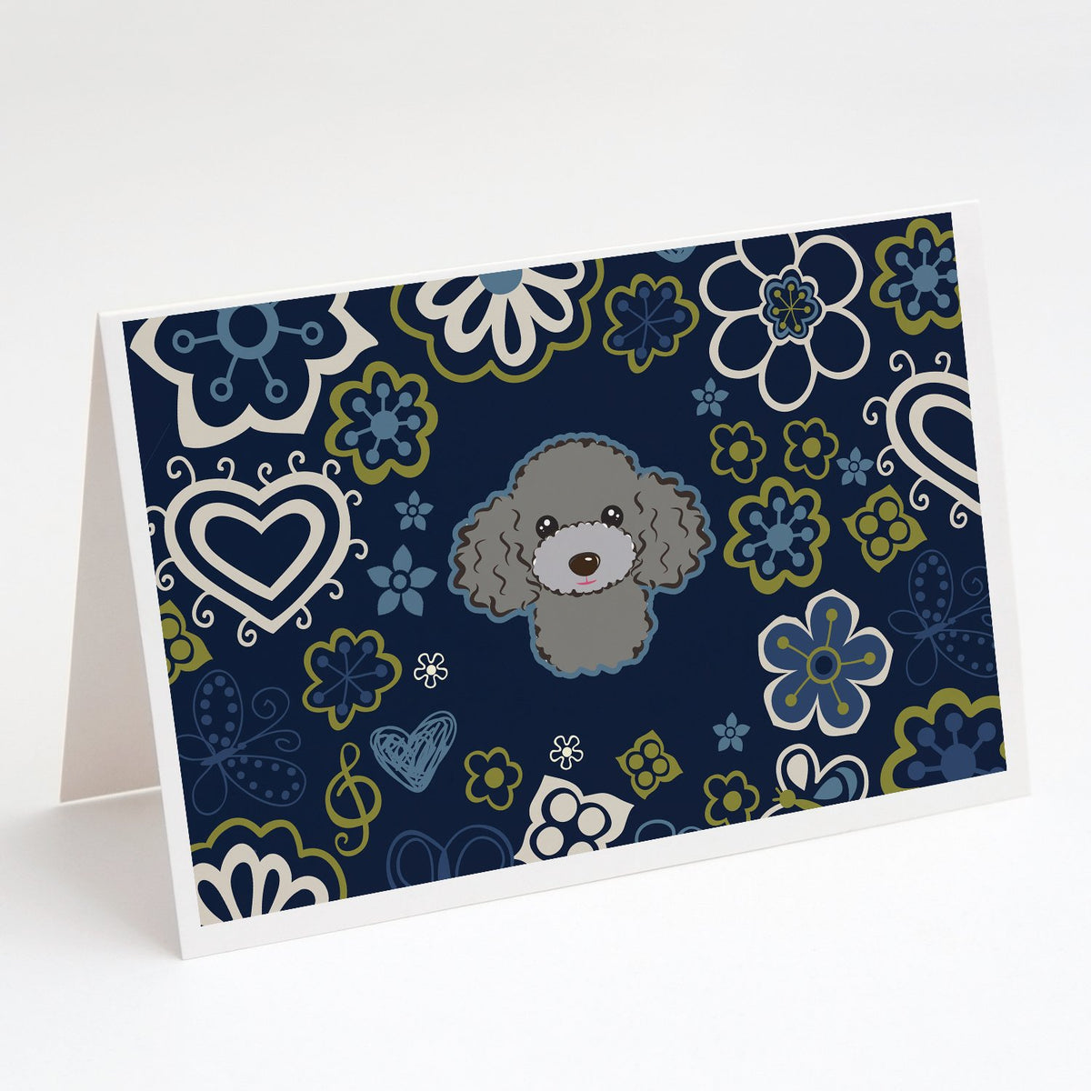 Buy this Blue Flowers Silver Gray Poodle Greeting Cards and Envelopes Pack of 8