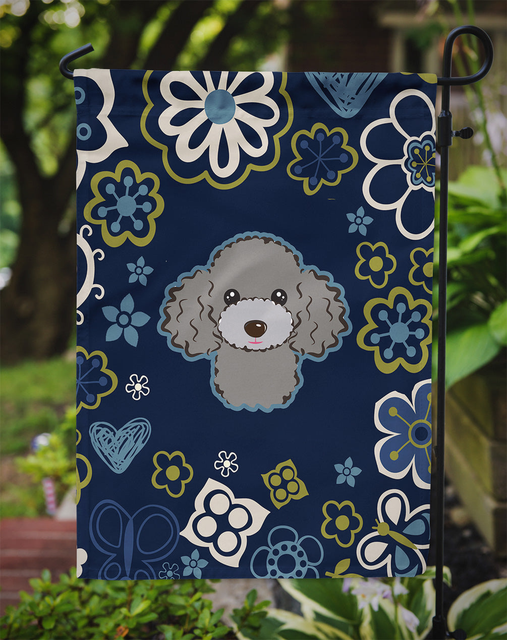 Blue Flowers Silver Gray Poodle Flag Garden Size  the-store.com.