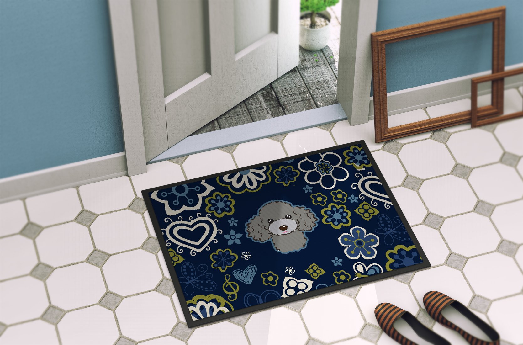 Blue Flowers Silver Gray Poodle Indoor or Outdoor Mat 24x36 BB5110JMAT by Caroline's Treasures