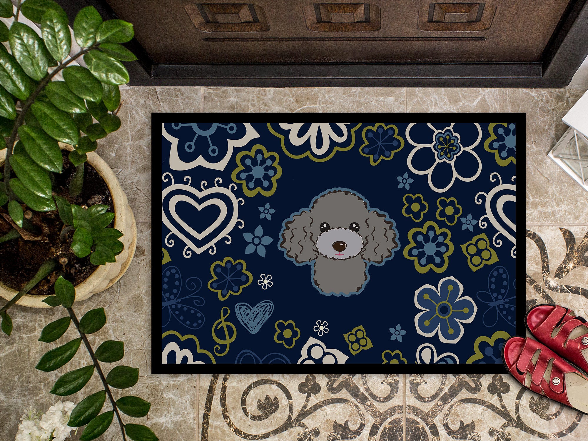 Blue Flowers Silver Gray Poodle Indoor or Outdoor Mat 18x27 BB5110MAT - the-store.com