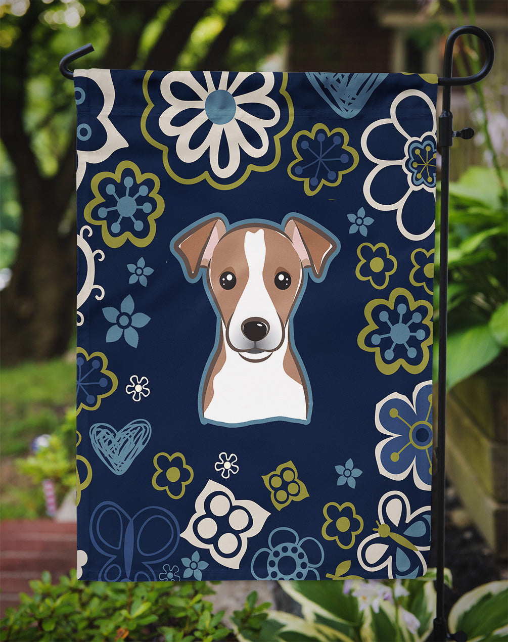 Blue Flowers Jack Russell Terrier Flag Garden Size  the-store.com.