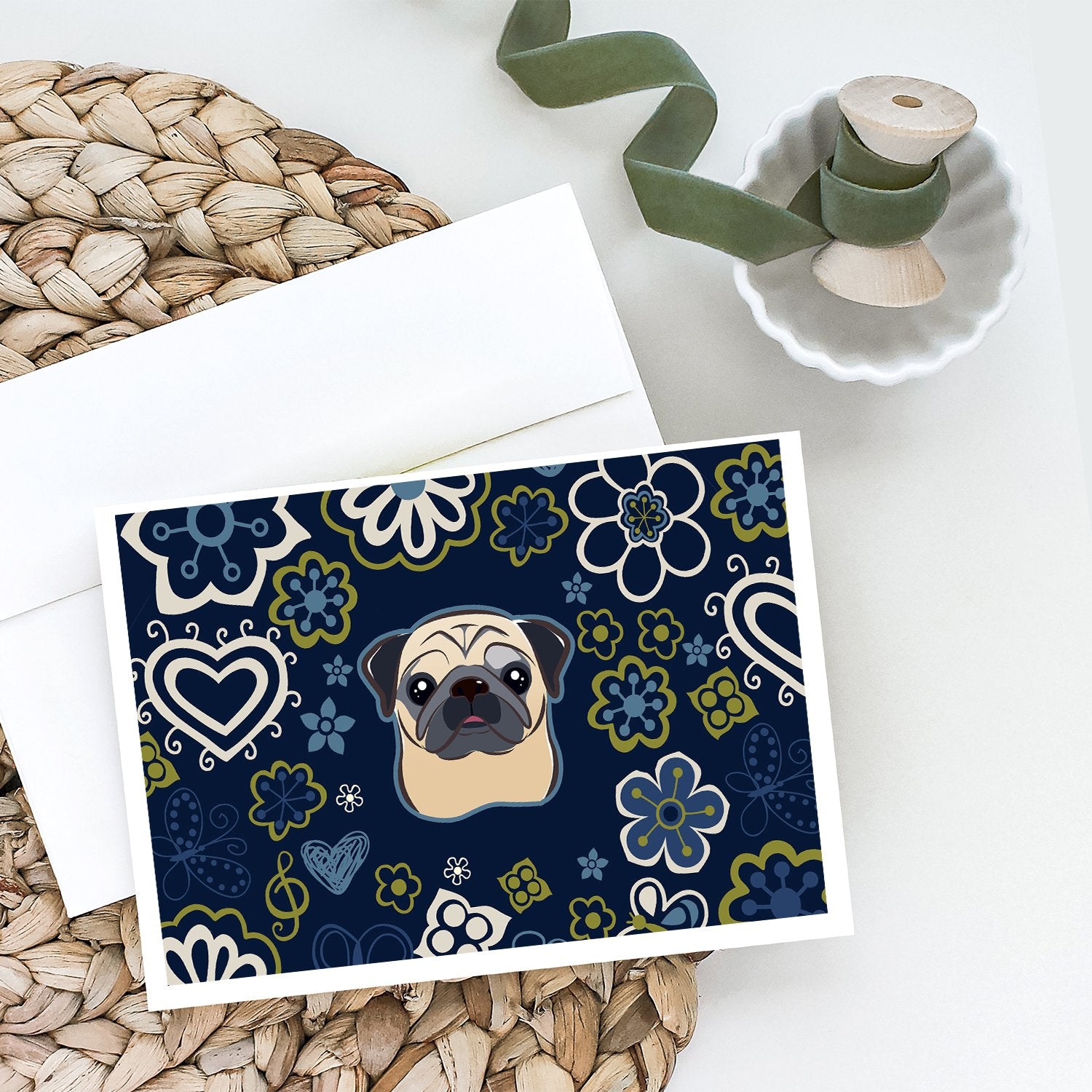 Blue Flowers Fawn Pug Greeting Cards and Envelopes Pack of 8 - the-store.com