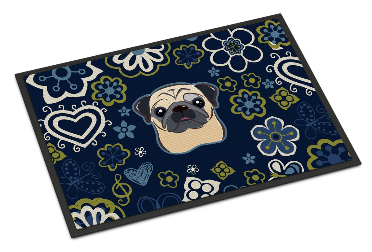 Blue Flowers Fawn Pug Indoor or Outdoor Mat 24x36 BB5113JMAT by Caroline&#39;s Treasures