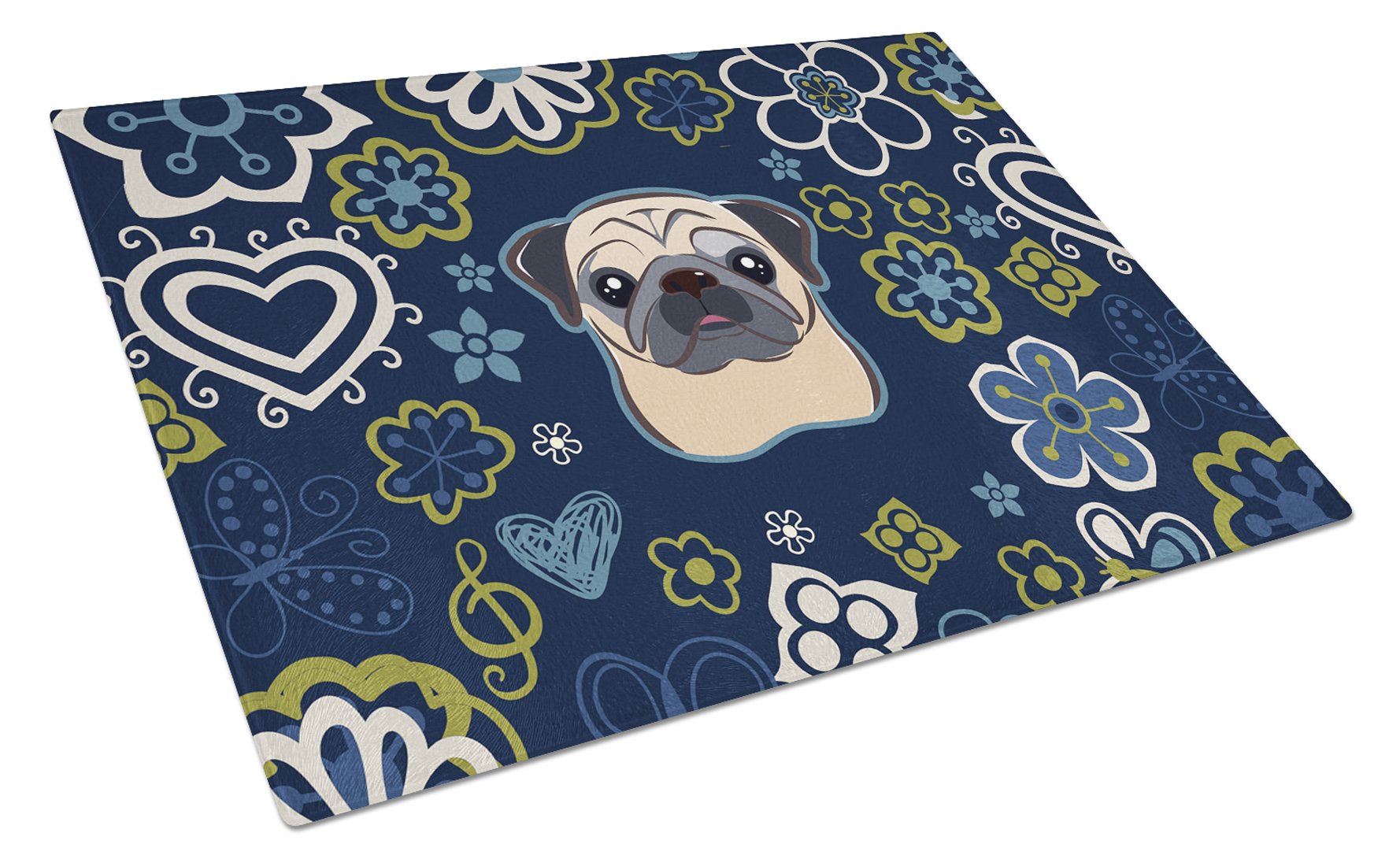 Blue Flowers Fawn Pug Glass Cutting Board Large BB5113LCB by Caroline's Treasures