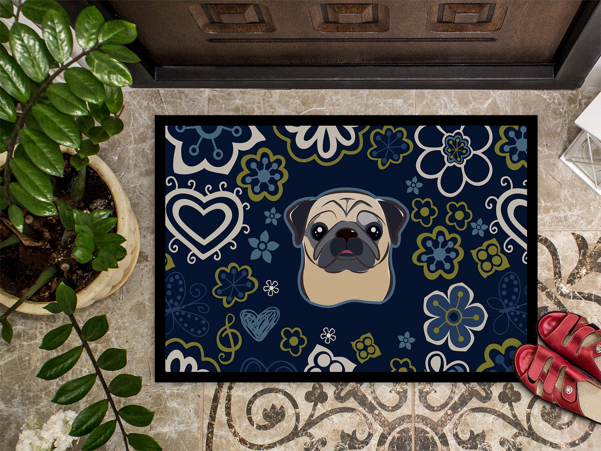 Blue Flowers Fawn Pug Indoor or Outdoor Mat 18x27 BB5113MAT - the-store.com