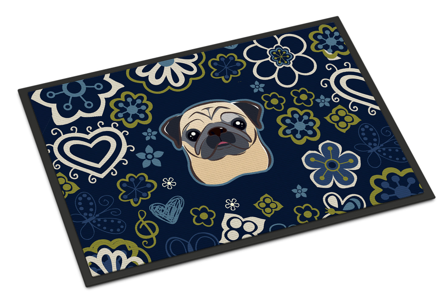 Blue Flowers Fawn Pug Indoor or Outdoor Mat 18x27 BB5113MAT - the-store.com