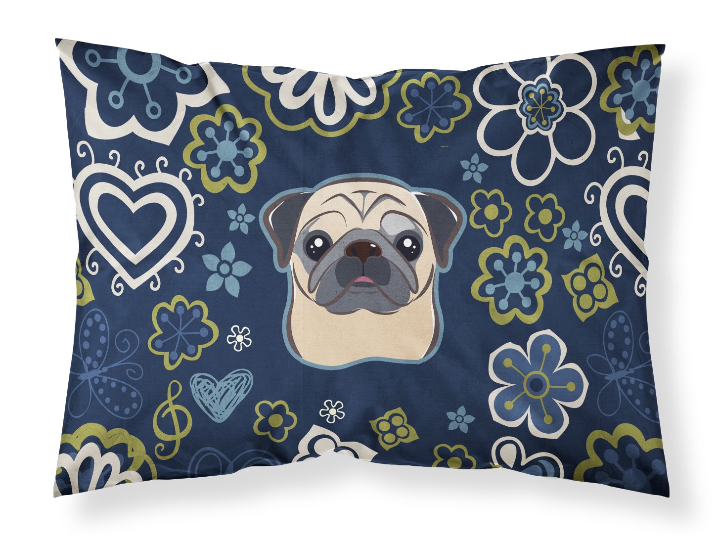 Blue Flowers Fawn Pug Fabric Standard Pillowcase BB5113PILLOWCASE by Caroline's Treasures