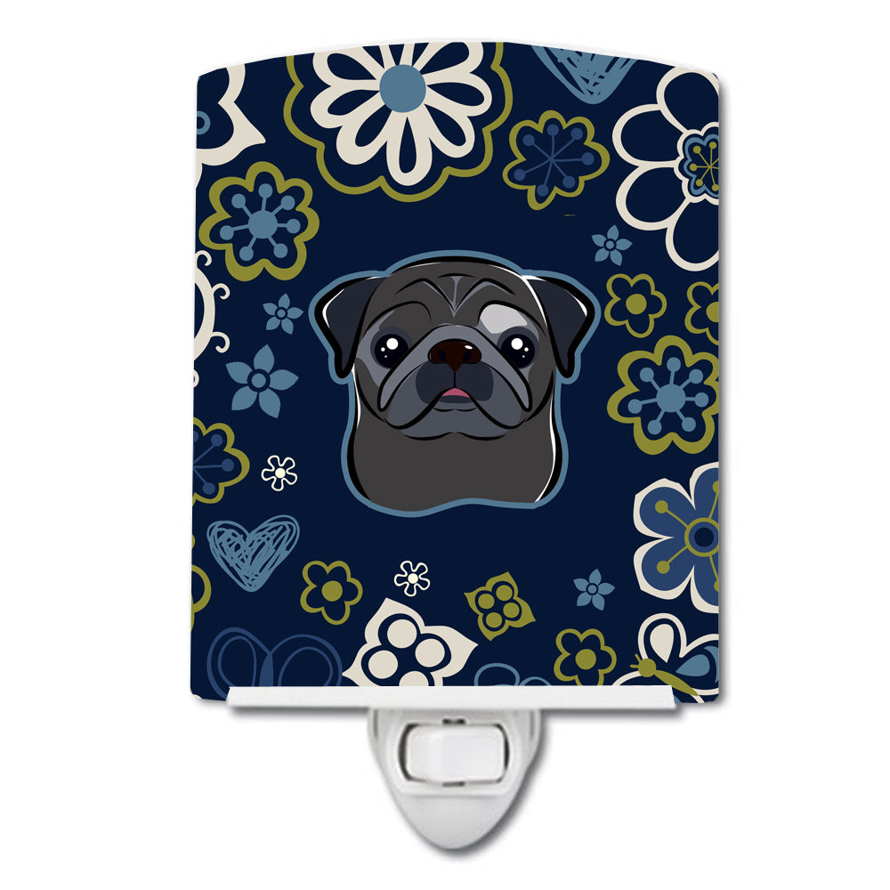 Blue Flowers Black Pug Ceramic Night Light BB5114CNL - the-store.com