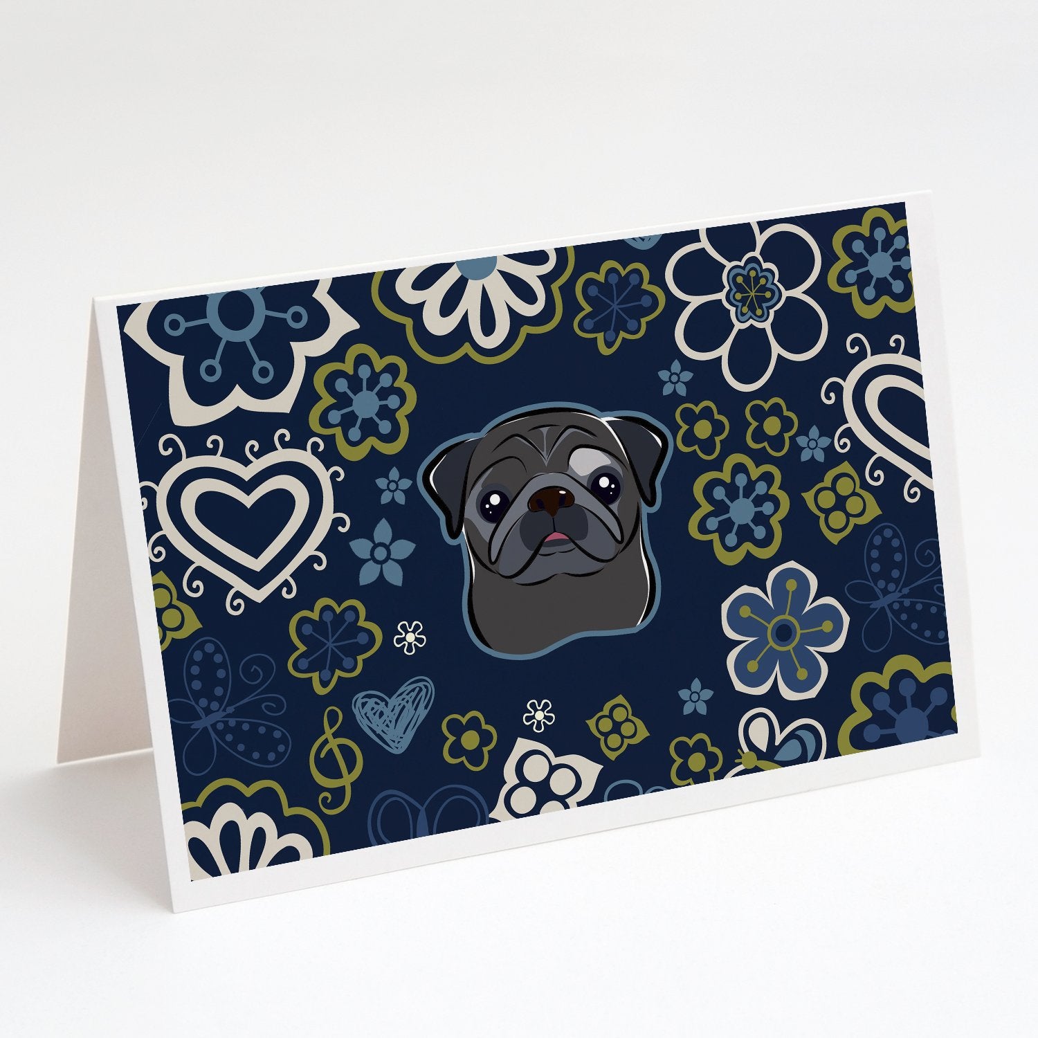 Buy this Blue Flowers Black Pug Greeting Cards and Envelopes Pack of 8