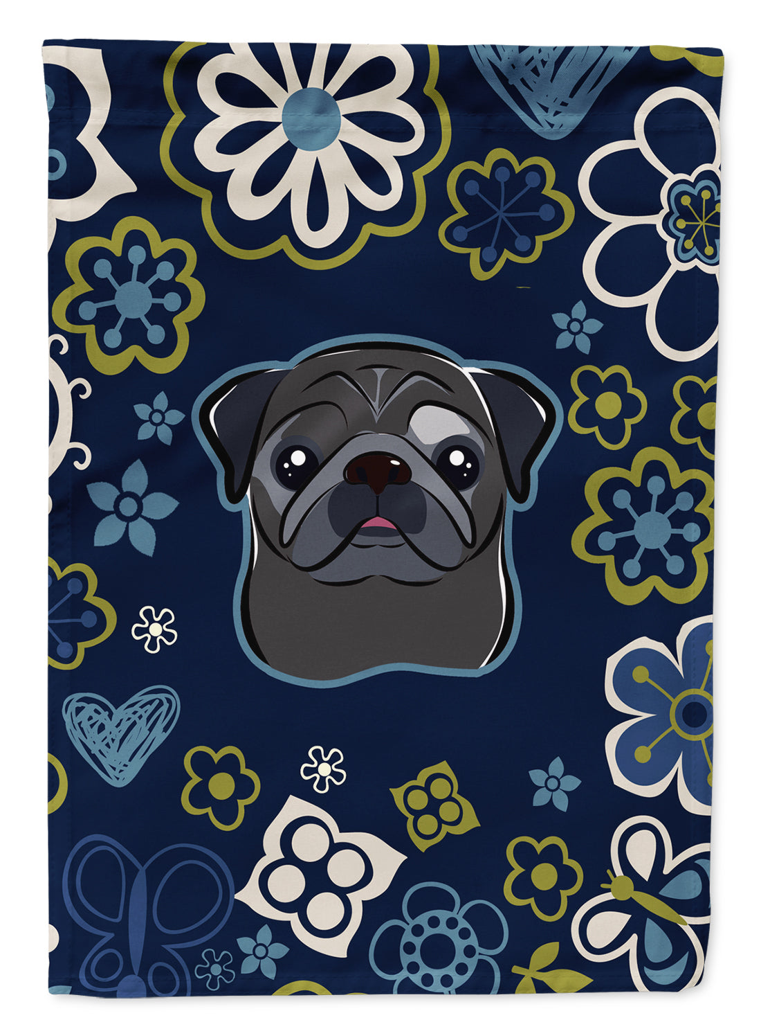 Blue Flowers Black Pug Flag Garden Size BB5114GF  the-store.com.